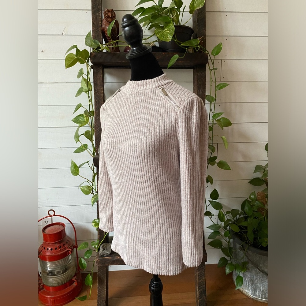 Olivia Blu: Cream Tan Soft Sweater with Zippers at Collar - Picture 7 of 17